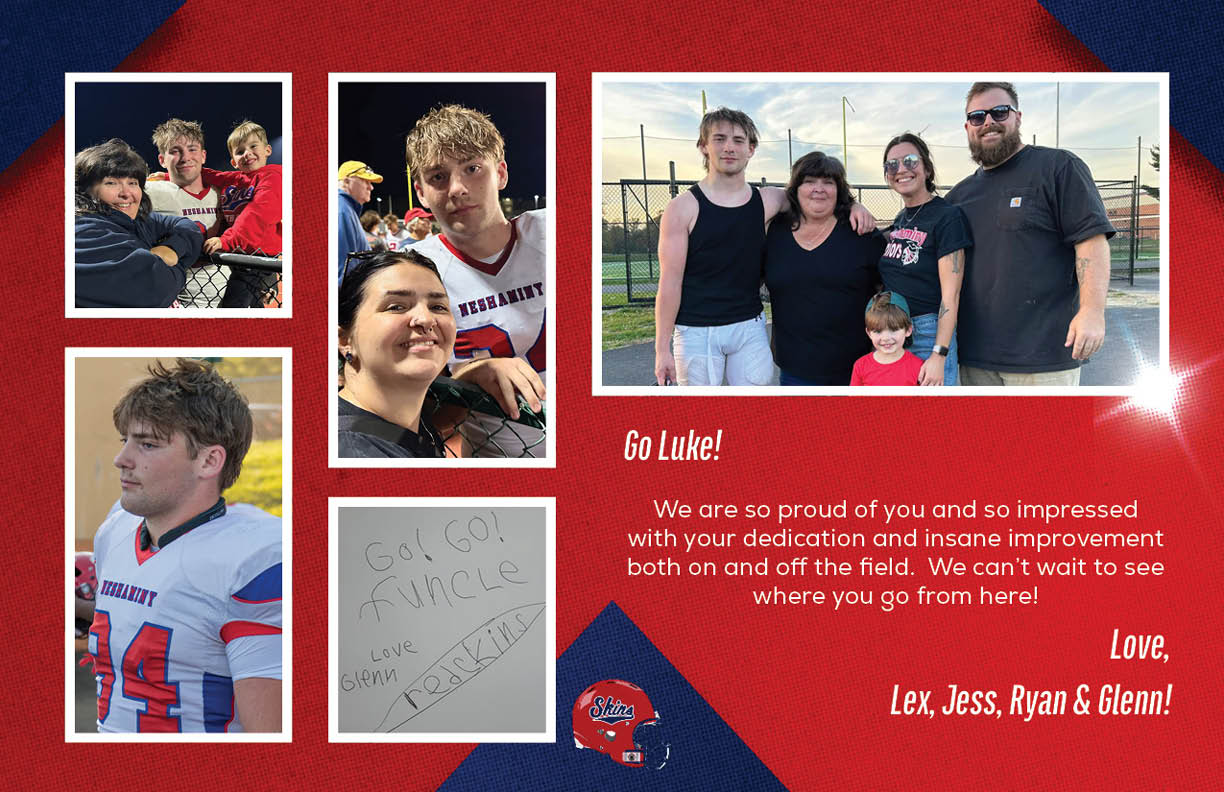 A collage of photos shows people in sports uniforms and casual clothing with a message expressing pride and encouragement for Luke's dedication and improvement in sports. Description generated by AI