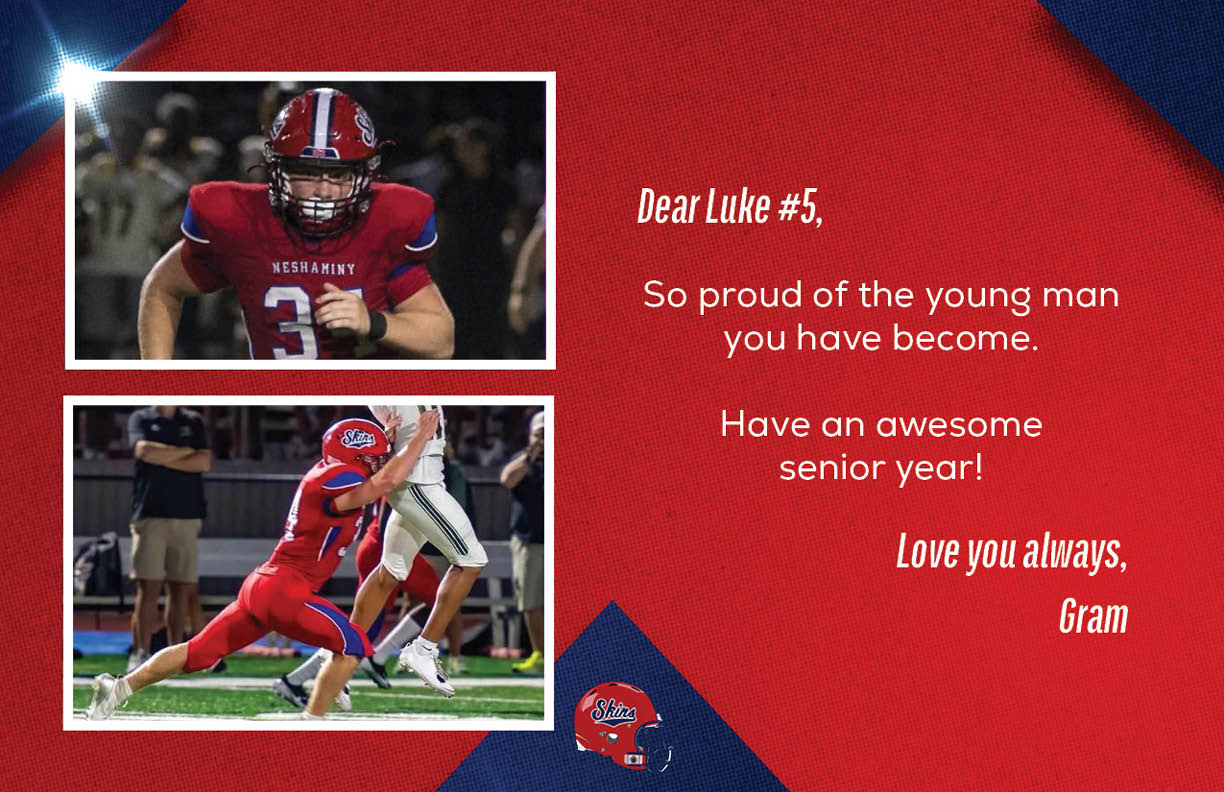Two photos of a person in a red football uniform playing on a field are accompanied by a heartfelt message expressing pride and well wishes for a senior year. Description generated by AI