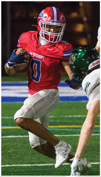 A football player running on the field. Description generated by AI
