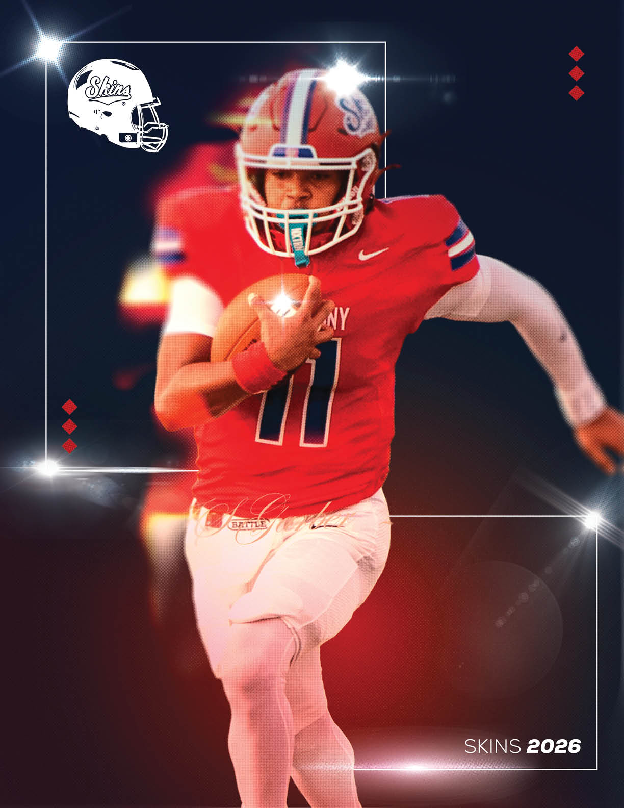A football player wearing a blue and red jersey with the number 15 on it. Description generated by AI
