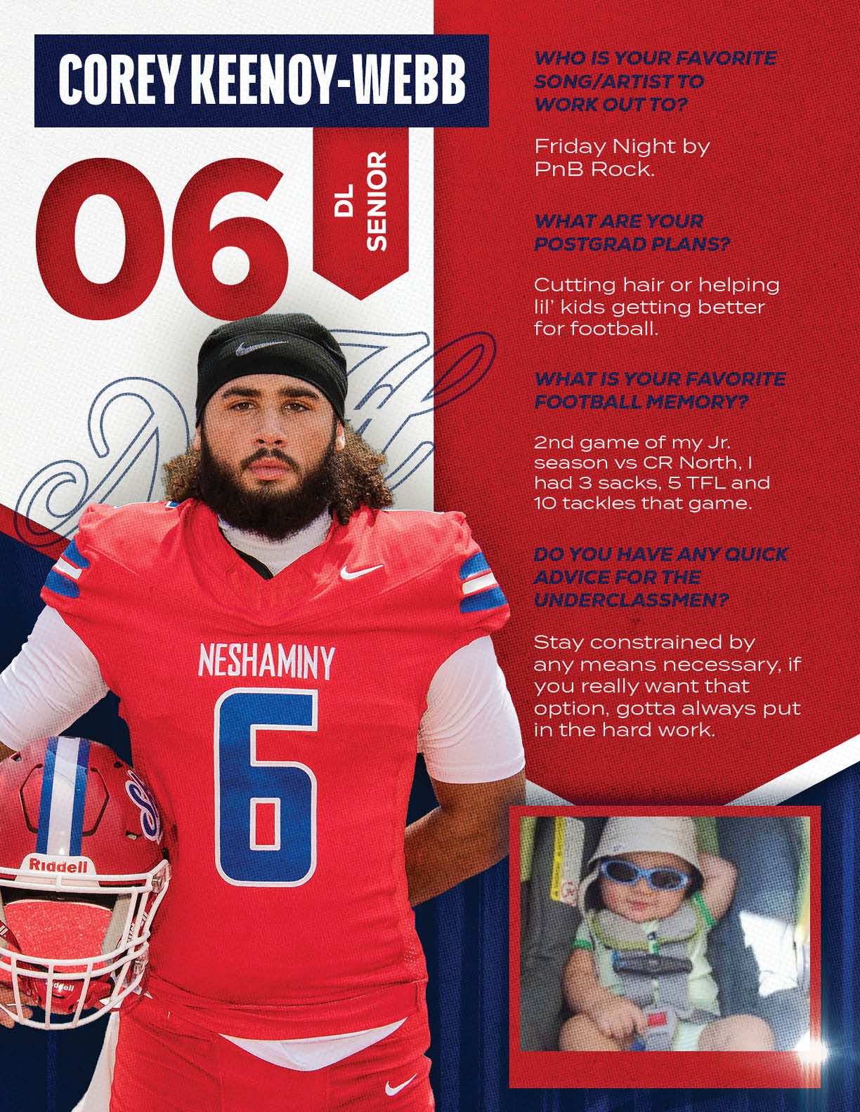 A football player wearing a blue and red jersey with the number 15 on it. Description generated by AI