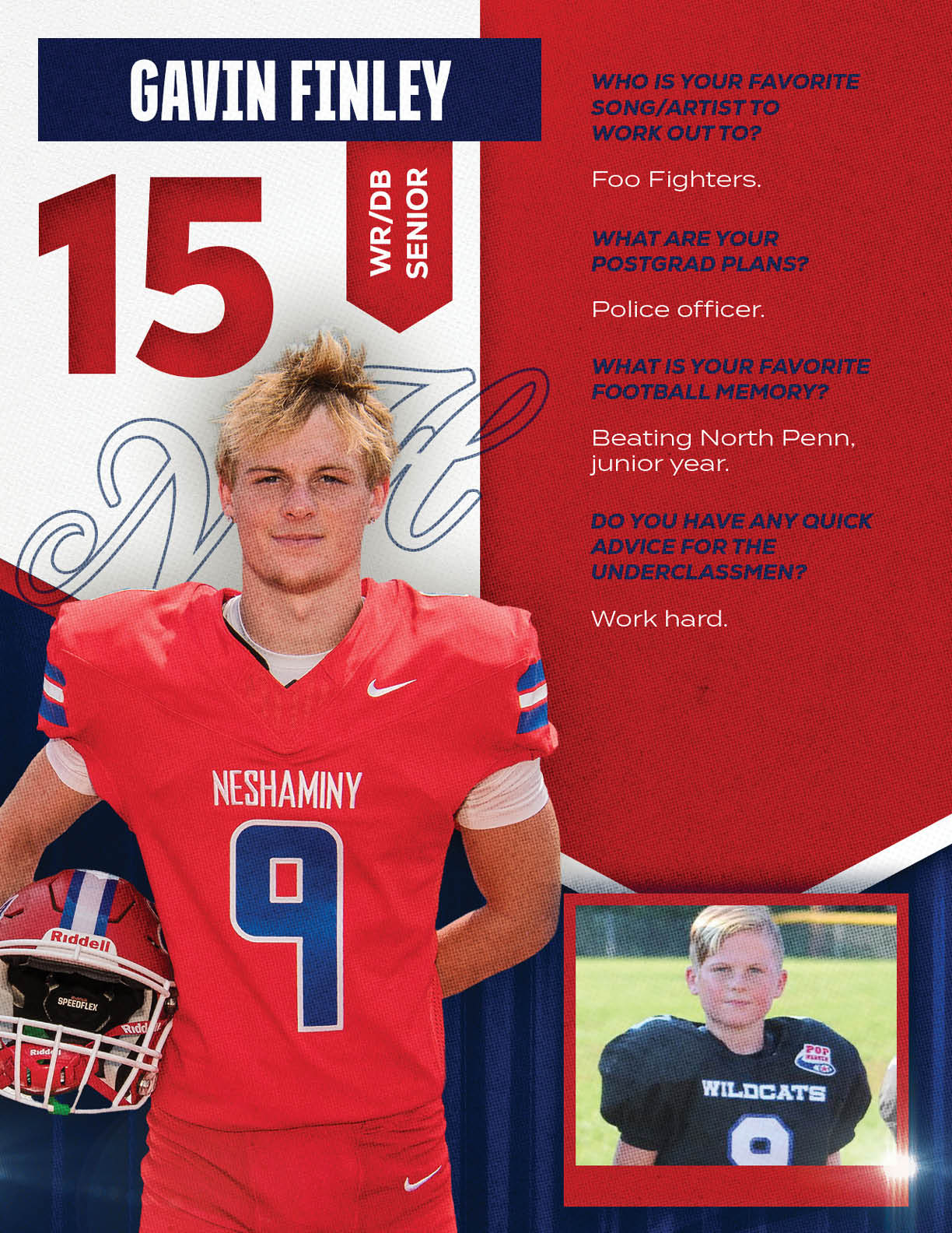 A football player wearing a blue and red jersey with the number 15 on it. Description generated by AI