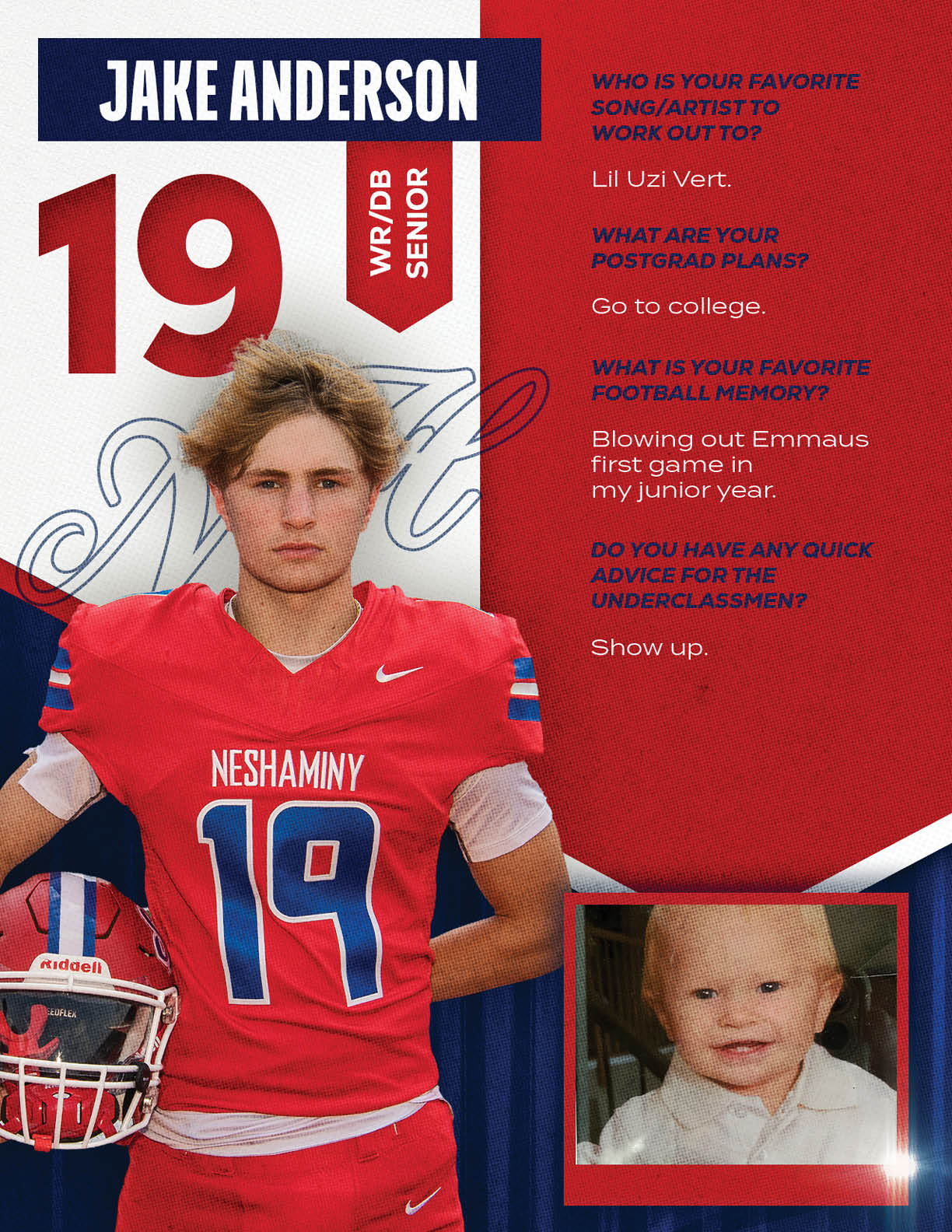 A football player wearing a blue and red jersey with the number 15 on it. Description generated by AI
