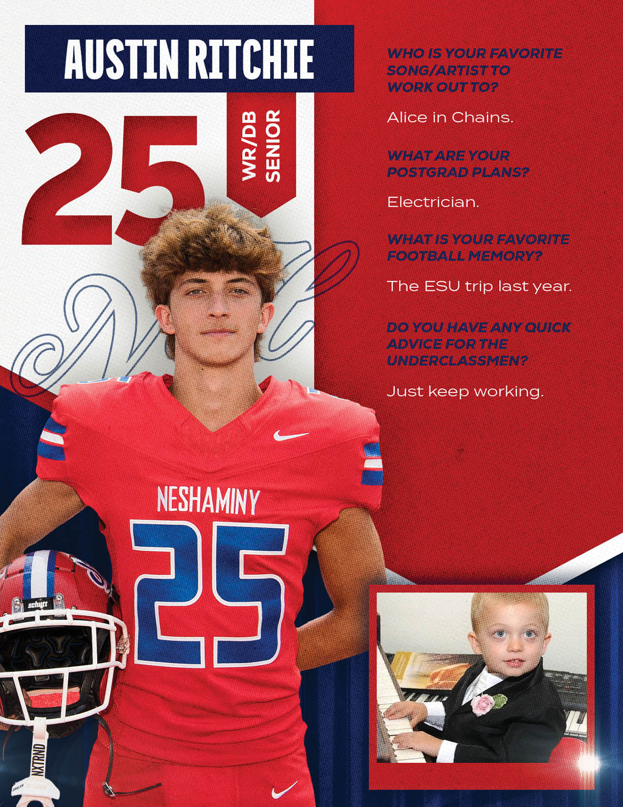 A football player wearing a blue and red jersey with the number 15 on it. Description generated by AI