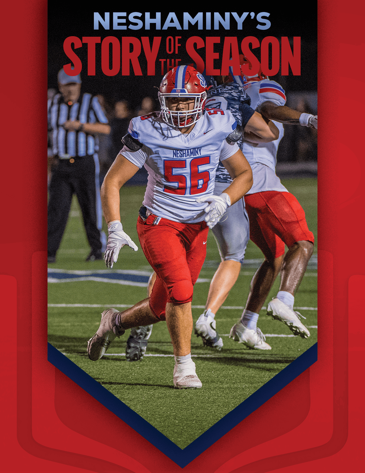 A person wearing a football uniform with the number 56 is running on a field with other players in the background and text above reading “Neshaminy's Story of the Season." Description generated by AI