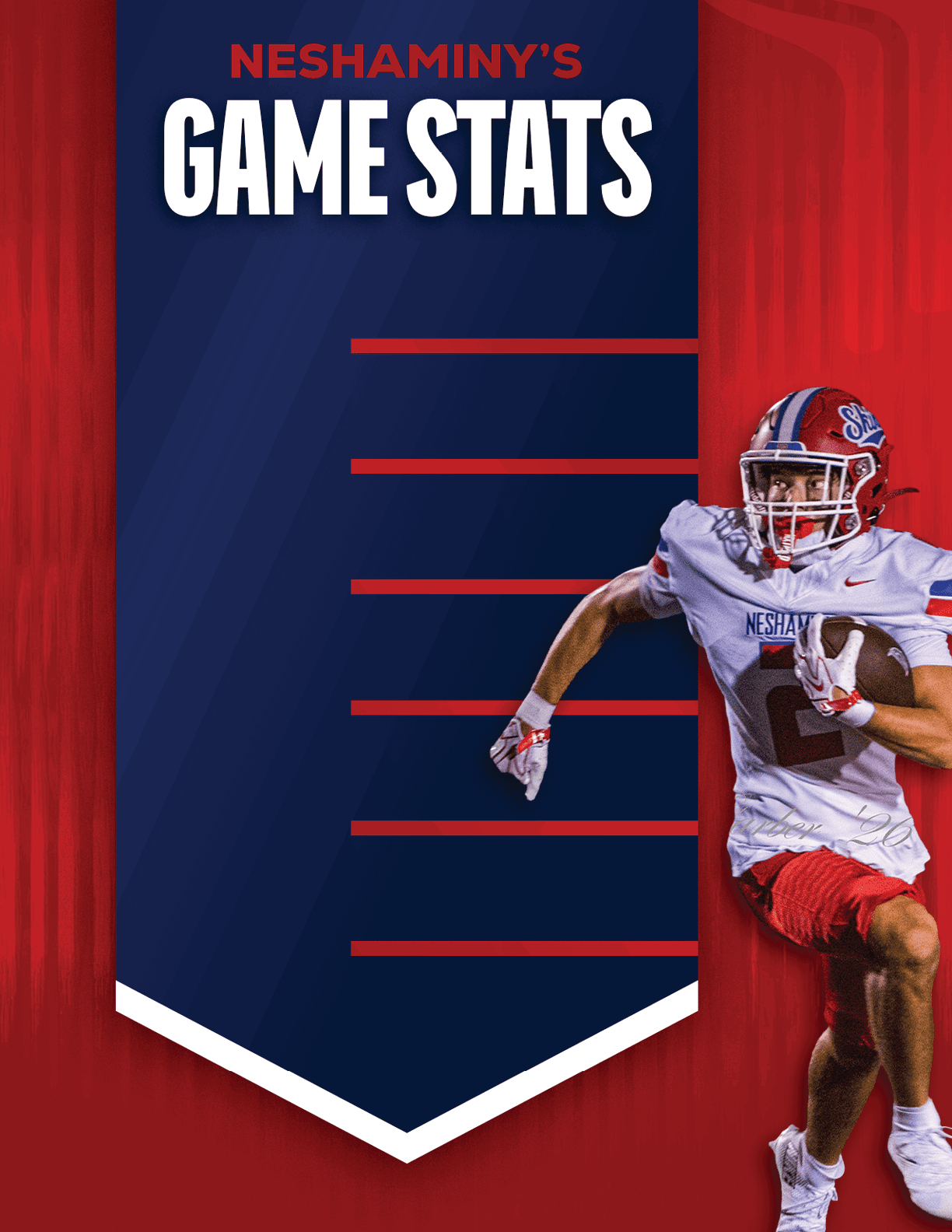 A person in a football uniform with a helmet is running while holding a football next to a blue banner titled NESHAMINY'S GAME STATS with red lines for statistics. Description generated by AI