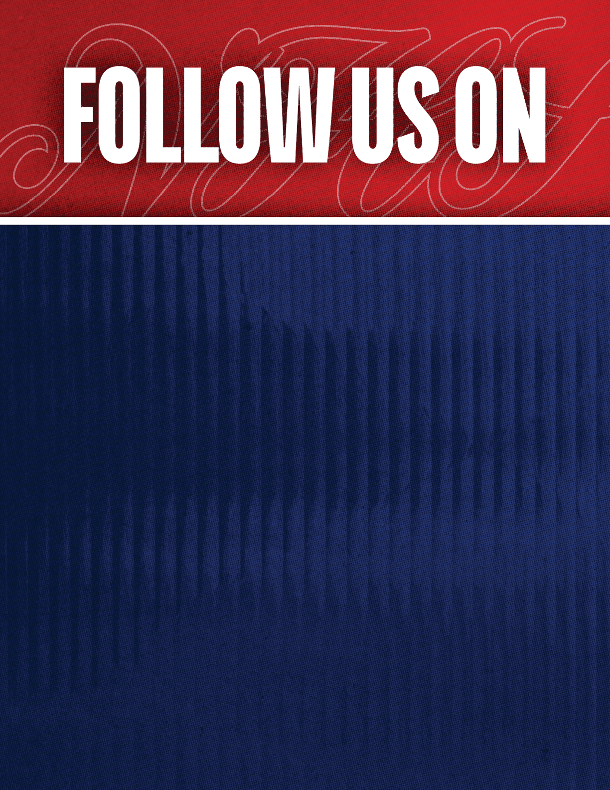 Follow us on social media with a red and blue background and bold white text. Description generated by AI