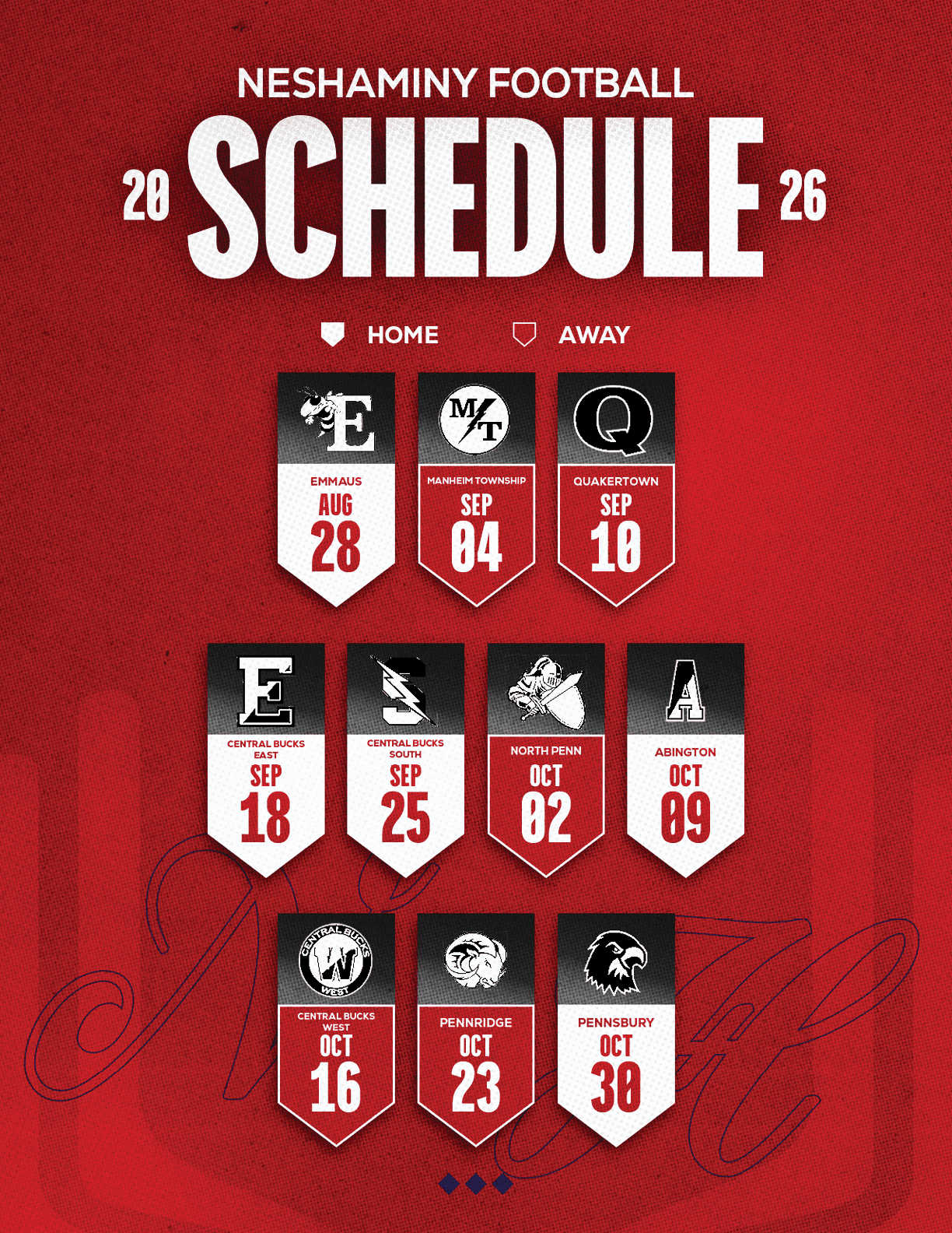 The 2026 Neshaminy Football schedule is displayed on a red background with dates and opponents for home and away games shown in a banner style. Description generated by AI