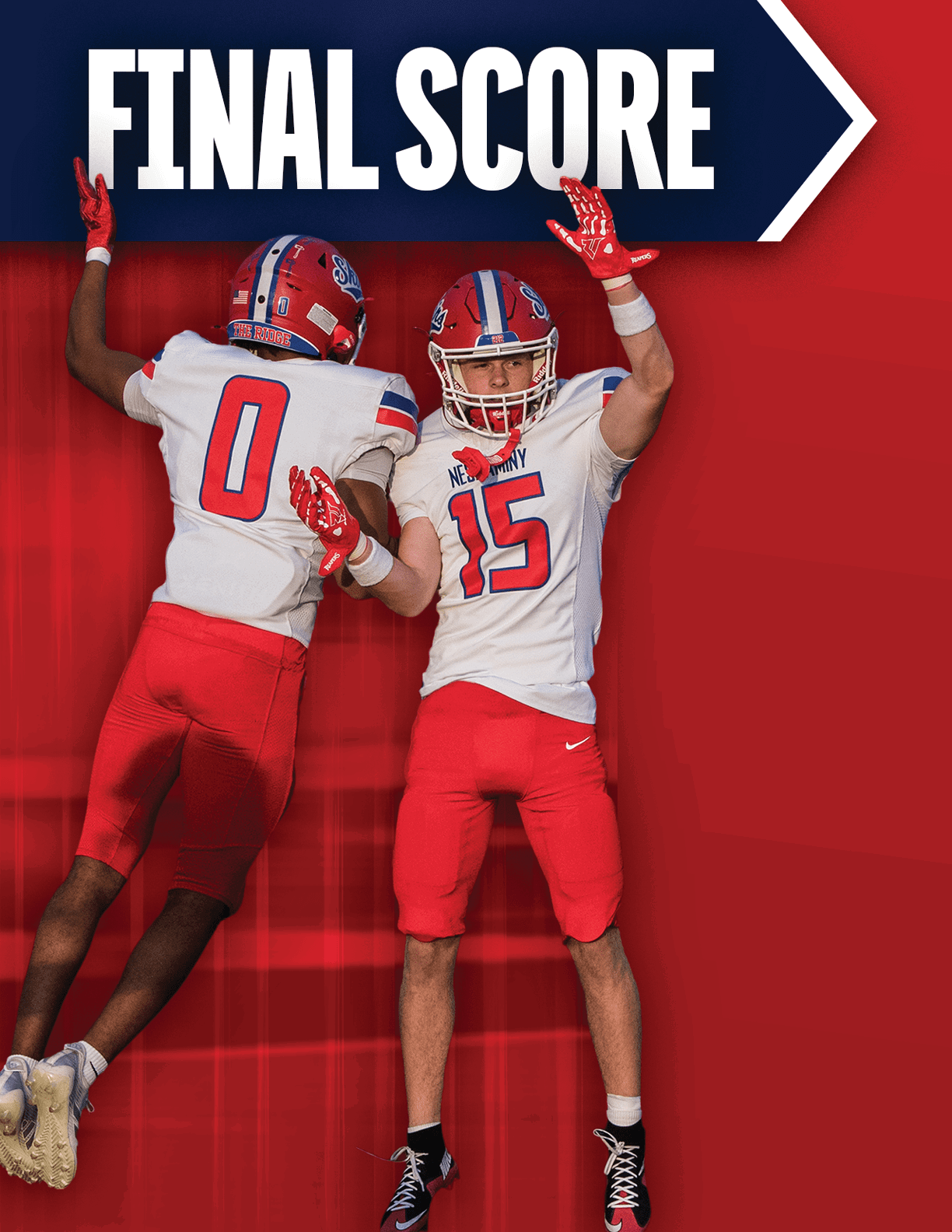 Two people in red and white football uniforms celebrate with raised arms under a banner that reads “FINAL SCORE." Description generated by AI