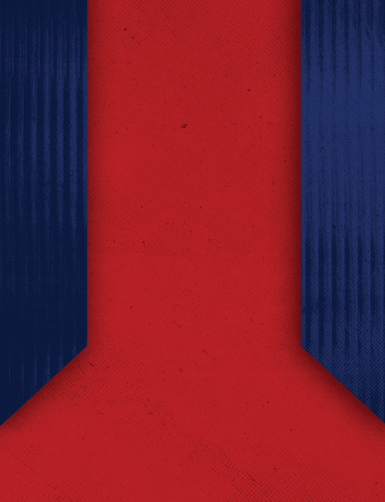 A geometric design featuring a red central shape with angled edges flanked by textured vertical dark blue panels. Description generated by AI