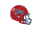 A red football helmet with a navy blue faceguard and the word “Skins" written in navy blue and white script on the side. Description generated by AI