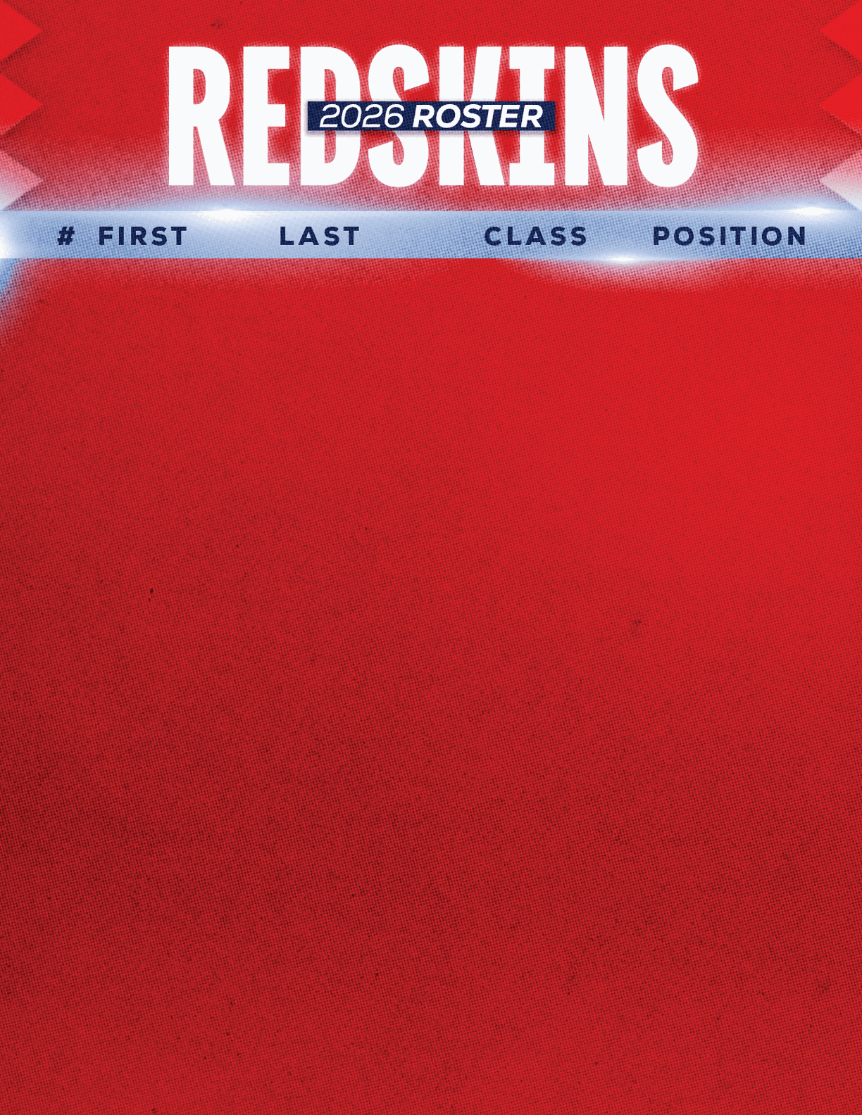 The image shows a red background with the word “REDSKINS" in large white letters at the top and a blue banner below it that reads "2026 ROSTER" with column headers for number, first name, last name, class, and position. Description generated by AI