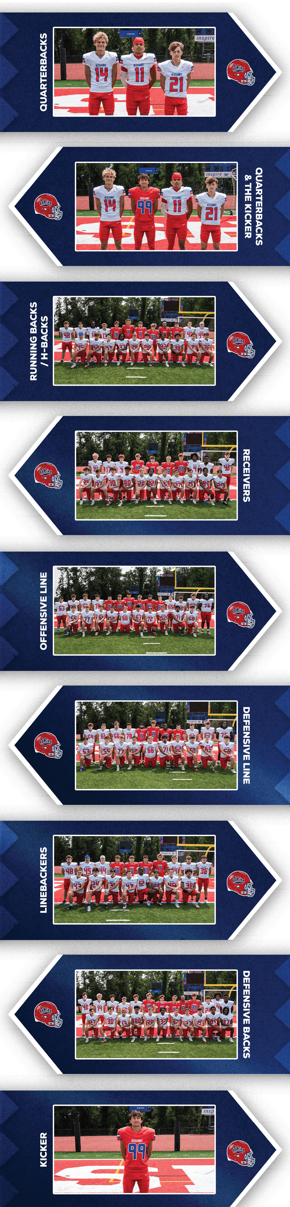 A series of photos showing groups of people wearing matching sports uniforms posing together outdoors on a field, with some close-up shots of smaller groups and one person standing alone on a track. Description generated by AI