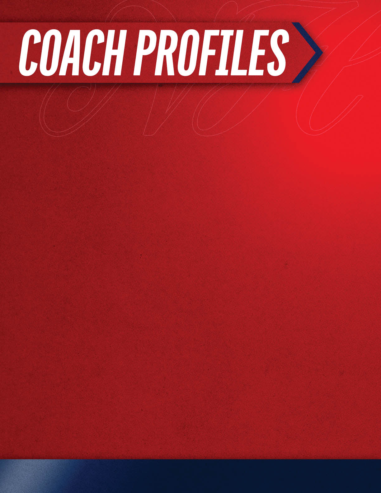 The image features a bold red background with the text “COACH PROFILES" in white uppercase letters on a red banner with a blue arrow pointing right. Description generated by AI