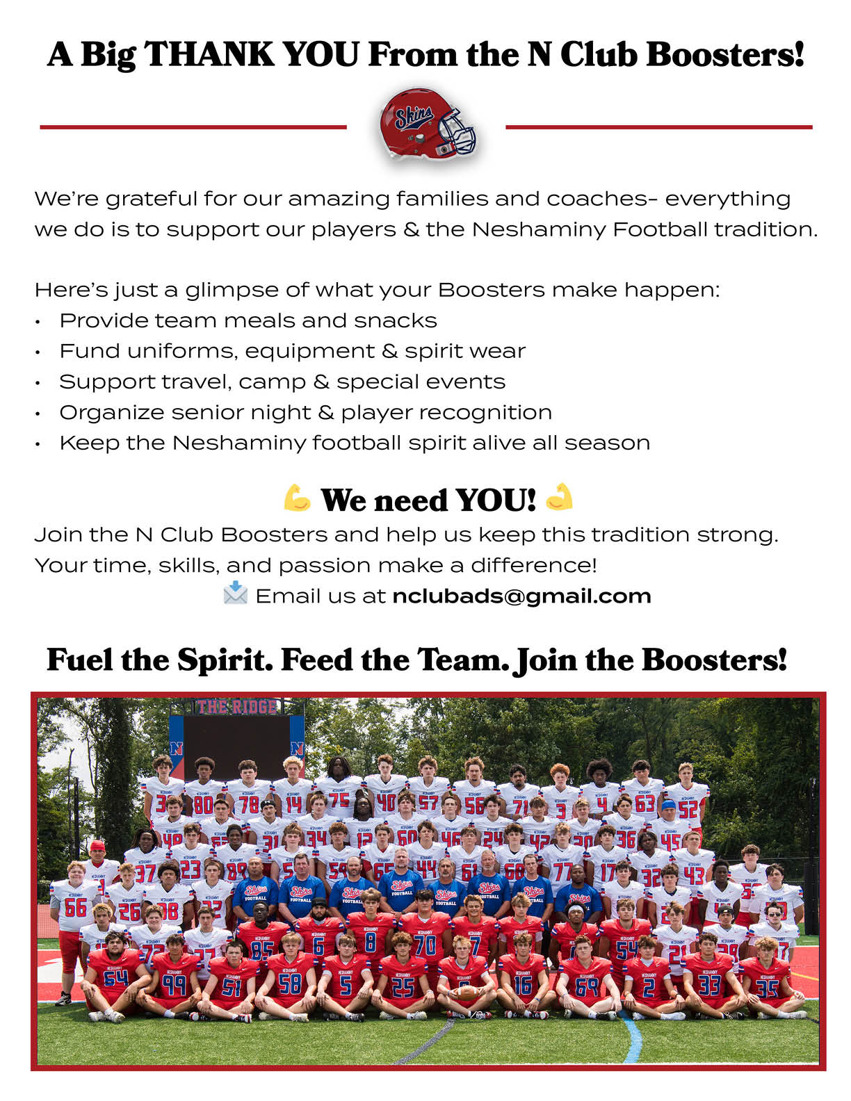 A large group of people wearing red and white sports uniforms are posed together on a grassy field in front of a scoreboard, with text above expressing gratitude and encouraging support for a football booster club. Description generated by AI