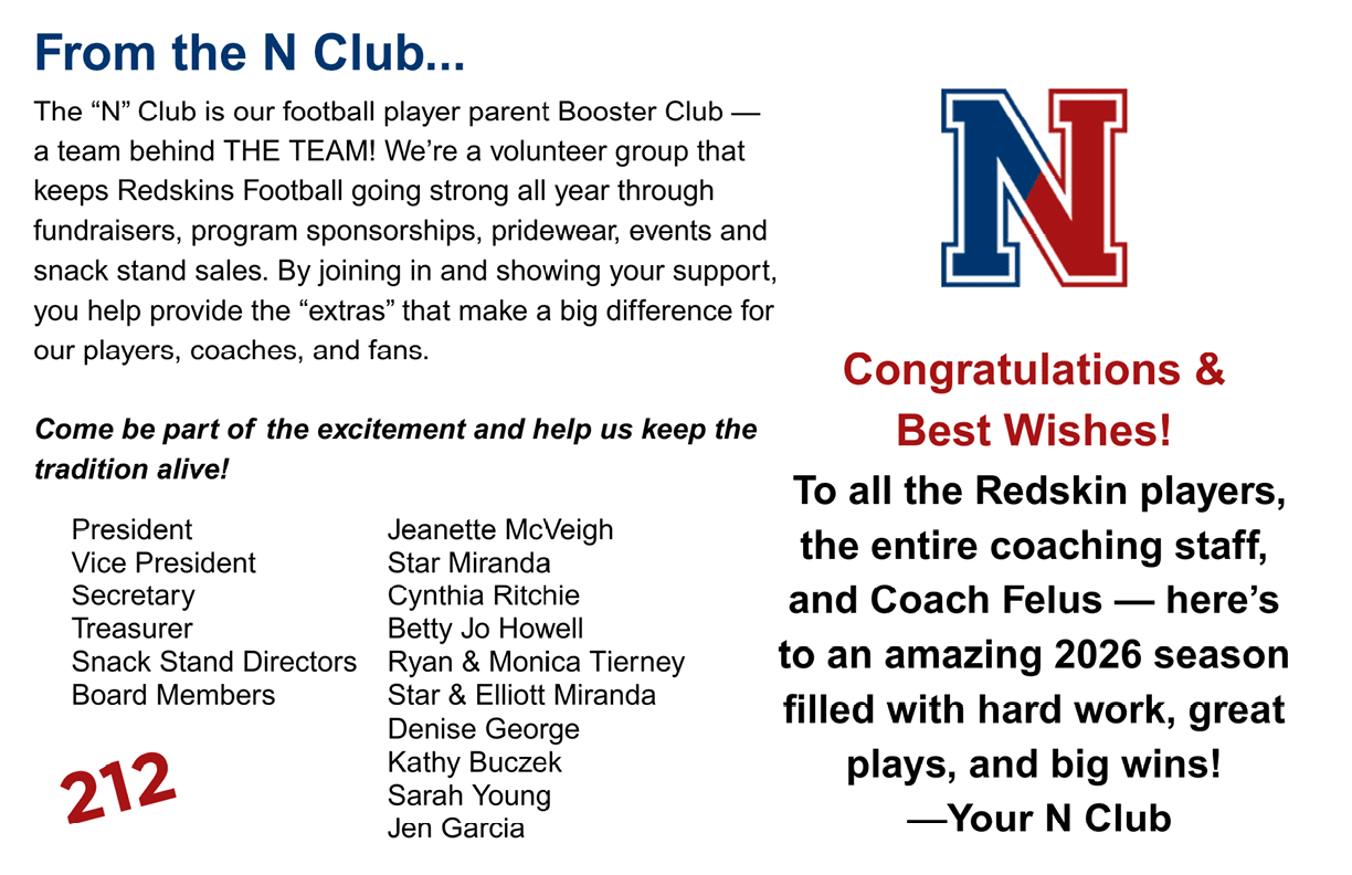 A flyer for the N Club booster group supporting the Redskins football team with a list of officers, a congratulatory message for the 2026 season, and a large red and blue N logo. Description generated by AI