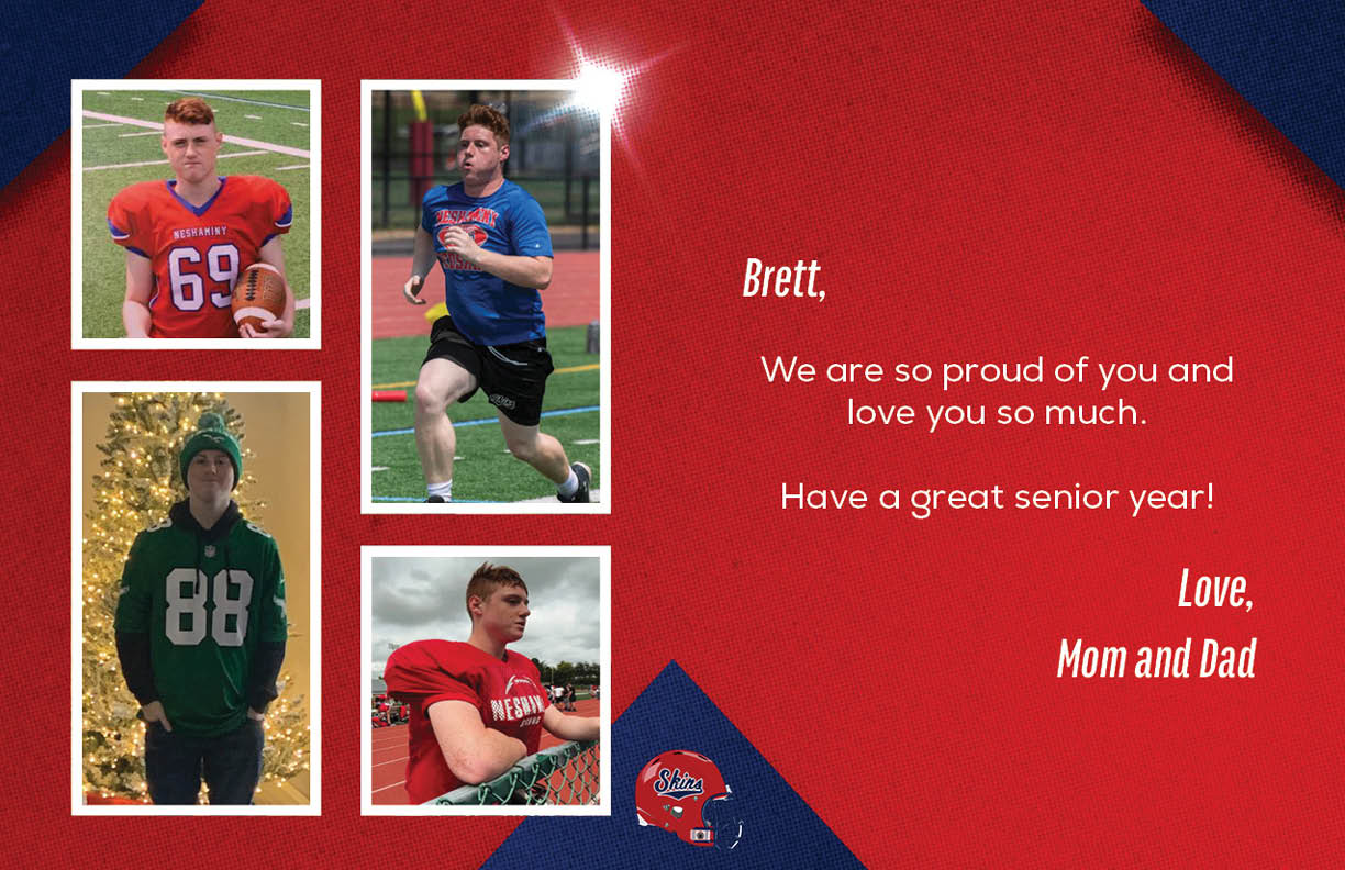 Four photos of a person in different sports and casual settings are arranged on a red and blue background with a message expressing pride and love for Brett and wishing a great senior year from Mom and Dad. Description generated by AI