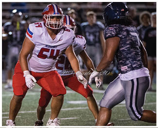 A person wearing a white and red football uniform with the number 64 is preparing to play on a football field with other players in the background. Description generated by AI