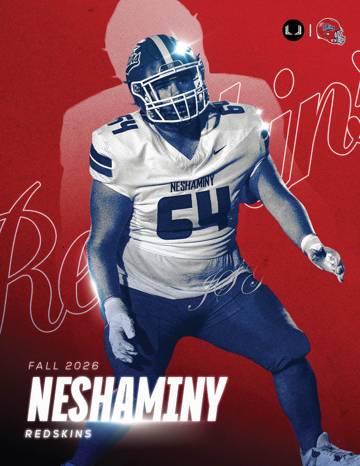 A person in a football uniform with the number 64 and the name Neshaminy is posed against a red background with the text “Fall 2025 Neshaminy Redskins." Description generated by AI