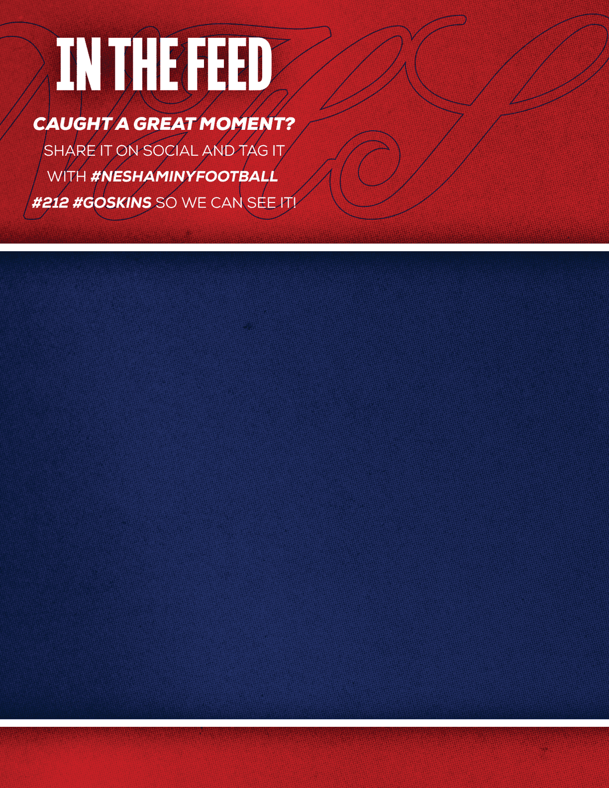 A red and blue graphic with bold white text inviting viewers to share great moments on social media using specific hashtags for a football event. Description generated by AI