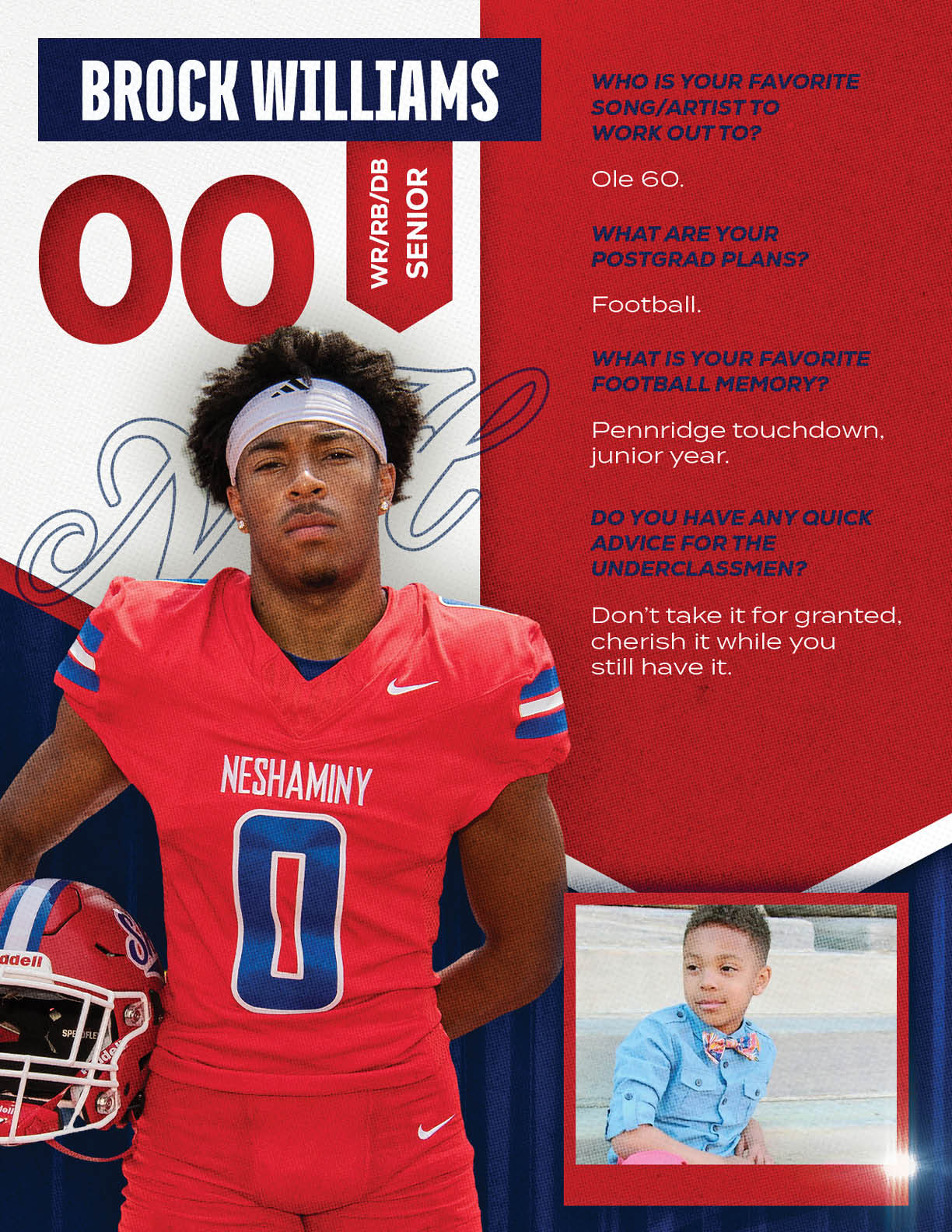 An adult in a red football uniform with the number zero stands holding a helmet with a signed autograph in the background and a small inset photo of a child wearing a blue shirt and bow tie, alongside text about favorite music, postgrad plans, football memory, and advice for underclassmen. Description generated by AI