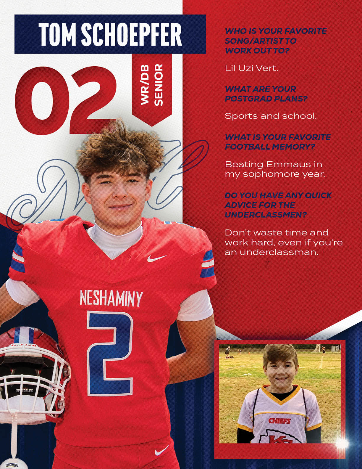 A person wearing a red football jersey with the number two and holding a helmet stands next to a smaller photo of the same person as a child in a sports jersey, accompanied by text about favorite music, postgrad plans, football memory, and advice for underclassmen. Description generated by AI