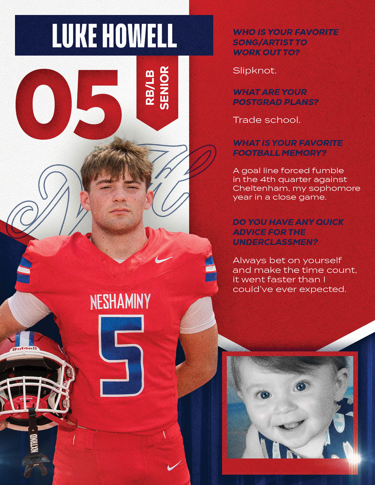 A person in a red football uniform holding a helmet stands next to a childhood photo, with text about their favorite song, postgrad plans, football memory, and advice for underclassmen. Description generated by AI