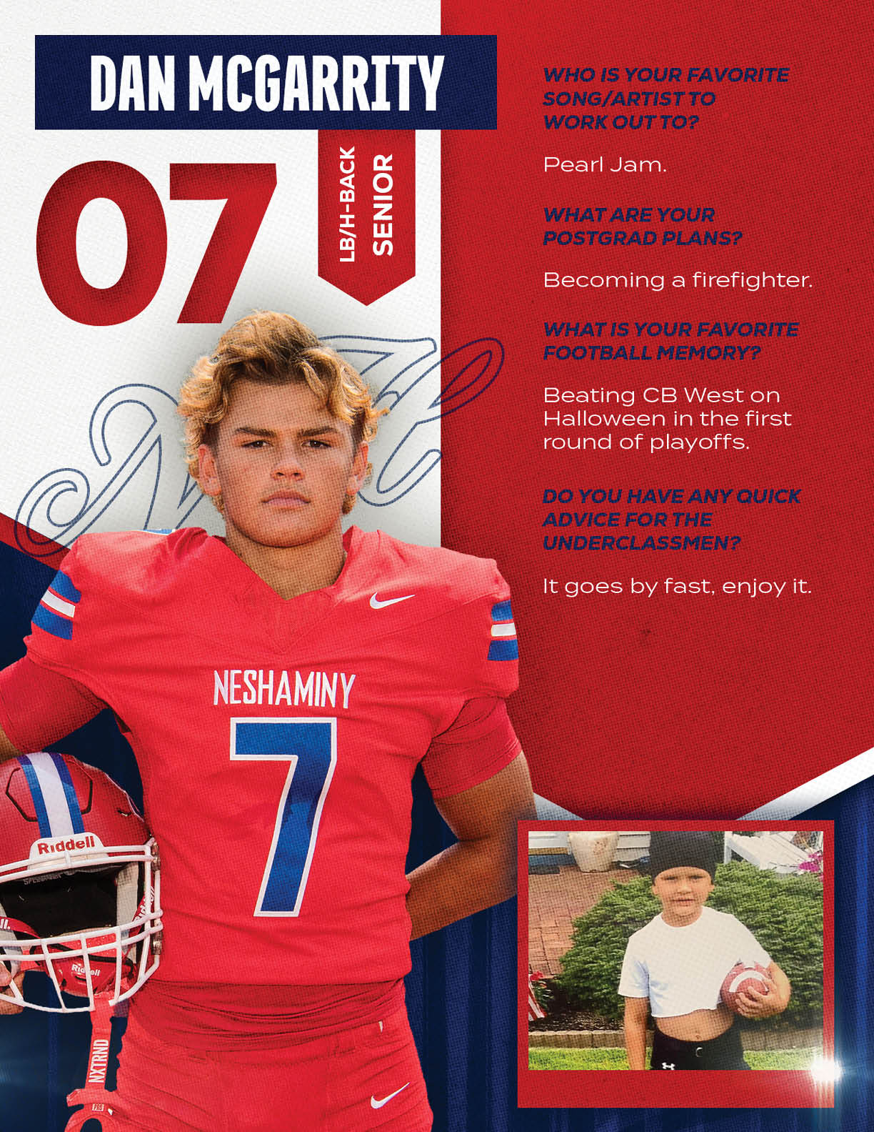 A person in a red football uniform with the number seven stands confidently holding a helmet, accompanied by a smaller photo of a child holding a football, with text about favorite song, postgrad plans, football memory, and advice for underclassmen. Description generated by AI