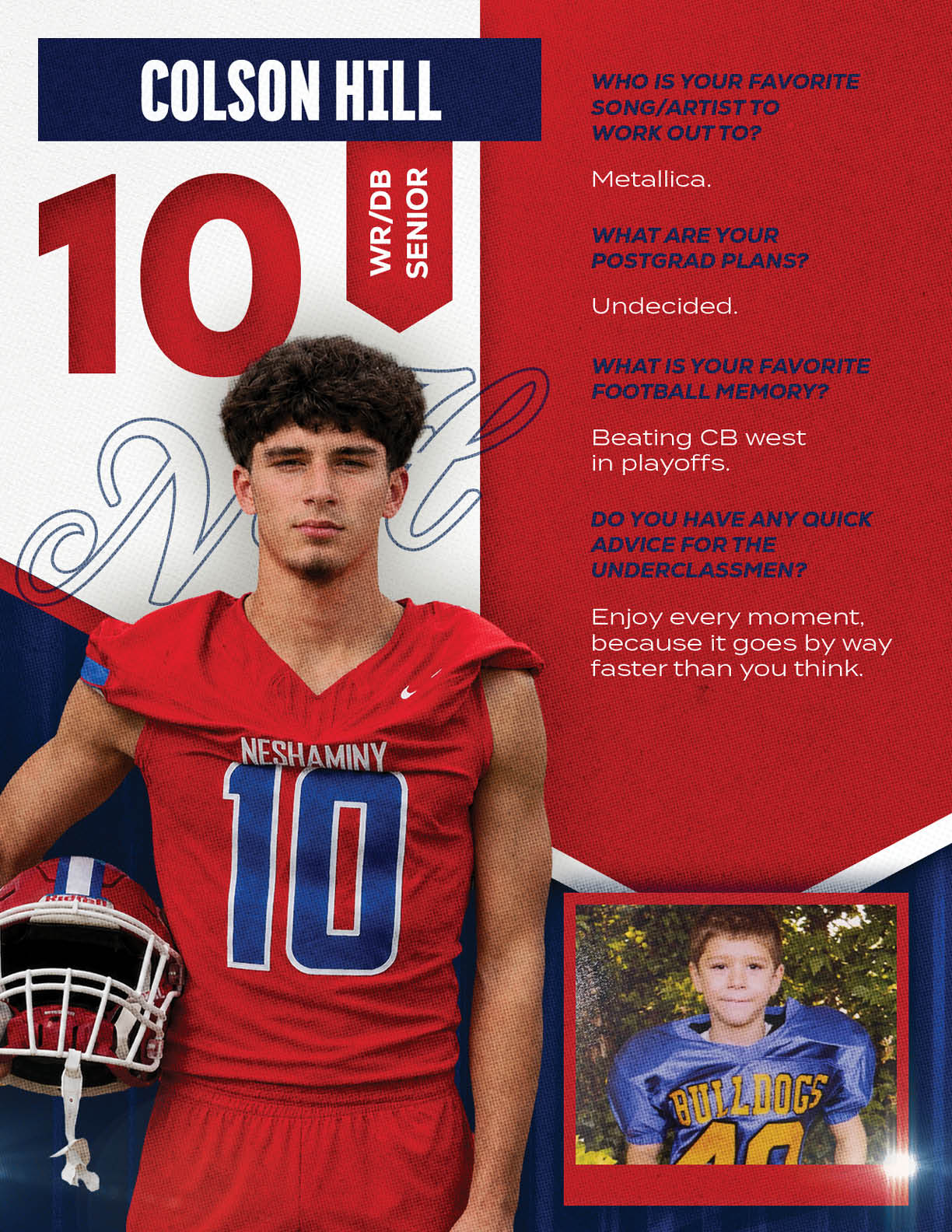 A person in a red football uniform with the number 10 stands next to a helmet, with a smaller photo of a child in a blue and yellow football uniform and text about favorite music, postgrad plans, football memories, and advice for underclassmen. Description generated by AI