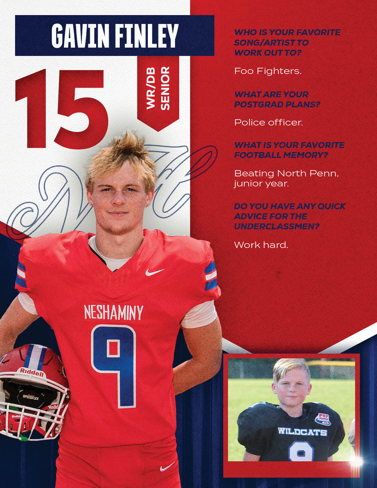 A person in a red football jersey with the number nine stands next to a helmet and a smaller photo of the same person in a black football jersey with the number eight, alongside text about their favorite song, postgrad plans, favorite football memory, and advice for underclassmen. Description generated by AI