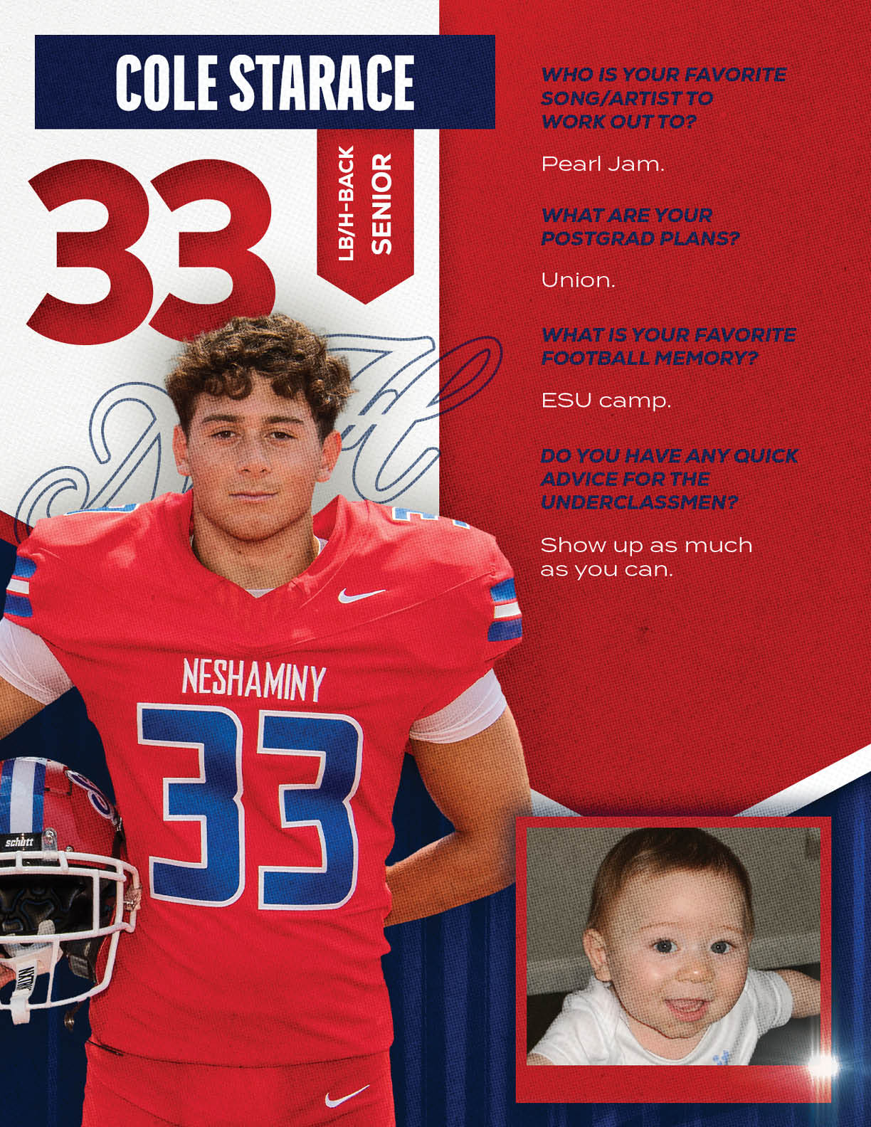 A person in a red football uniform with the number 33 and the name Neshaminy stands next to a smaller photo of a smiling child, with text about favorite music, postgrad plans, football memory, and advice for underclassmen. Description generated by AI