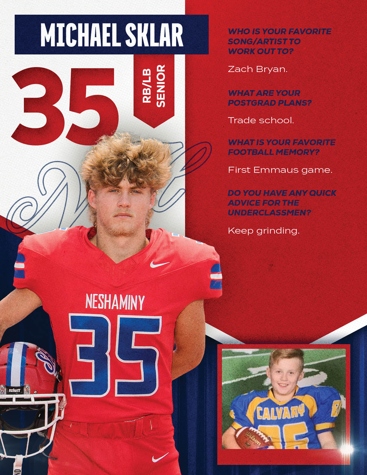 An adult with curly hair wearing a red football jersey with the number 35 and the word Neshanniny stands next to a smaller photo of a child in a blue and yellow football jersey holding a football, accompanied by text about favorite music, postgrad plans, football memories, and advice for underclassmen. Description generated by AI