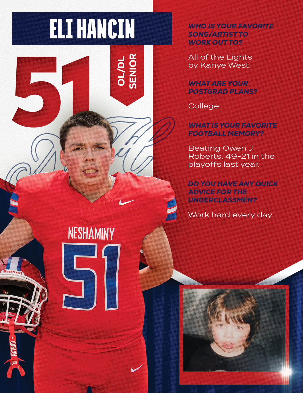 An adult wearing a red football uniform with the number 51 and holding a helmet stands next to a childhood photo and text about favorite music, postgraduate plans, football memory, and advice for underclassmen. Description generated by AI