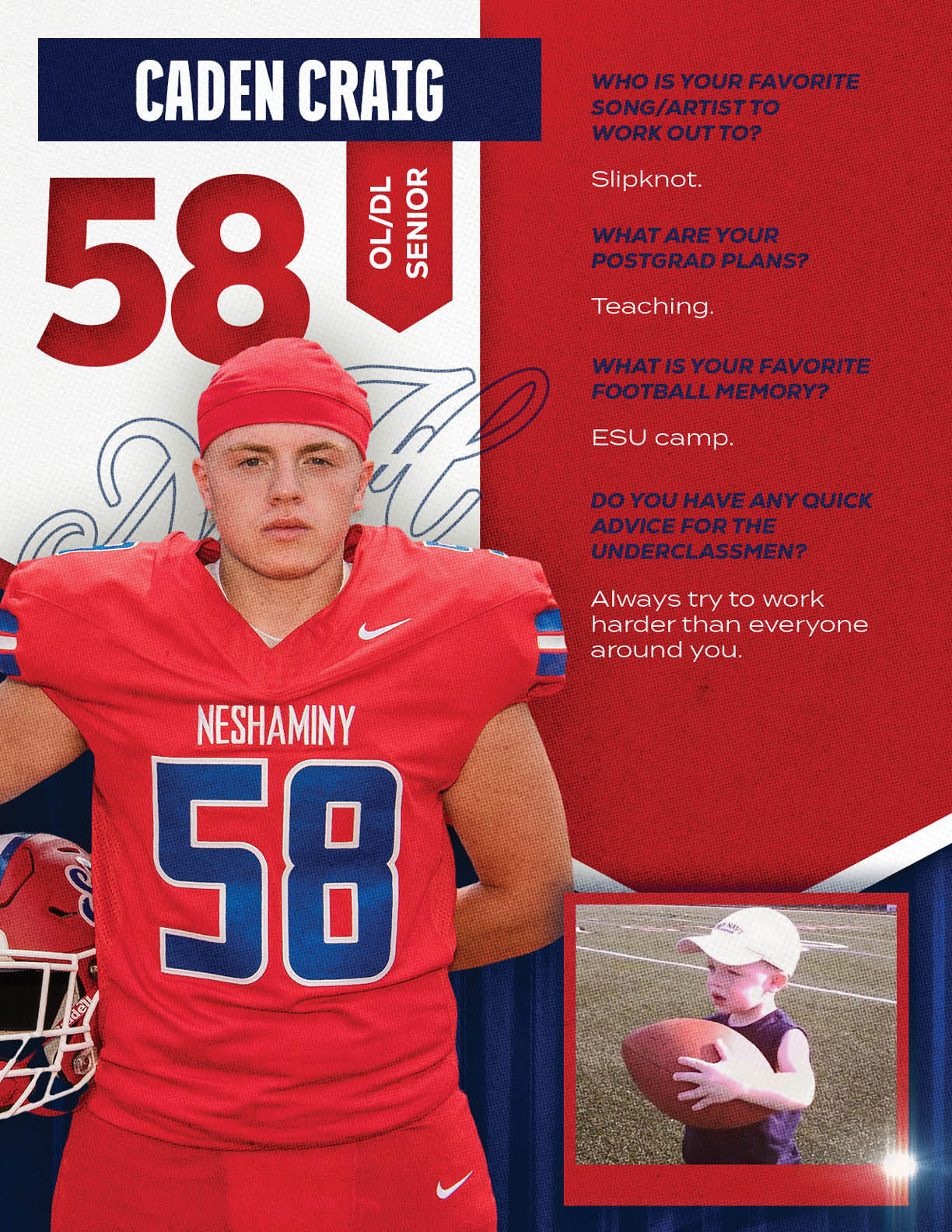 A person in a red football uniform with the number 58 and a red headband stands next to a helmet, accompanied by text about favorite songs, postgrad plans, football memories, and advice for underclassmen, along with a smaller photo of a child holding a football. Description generated by AI