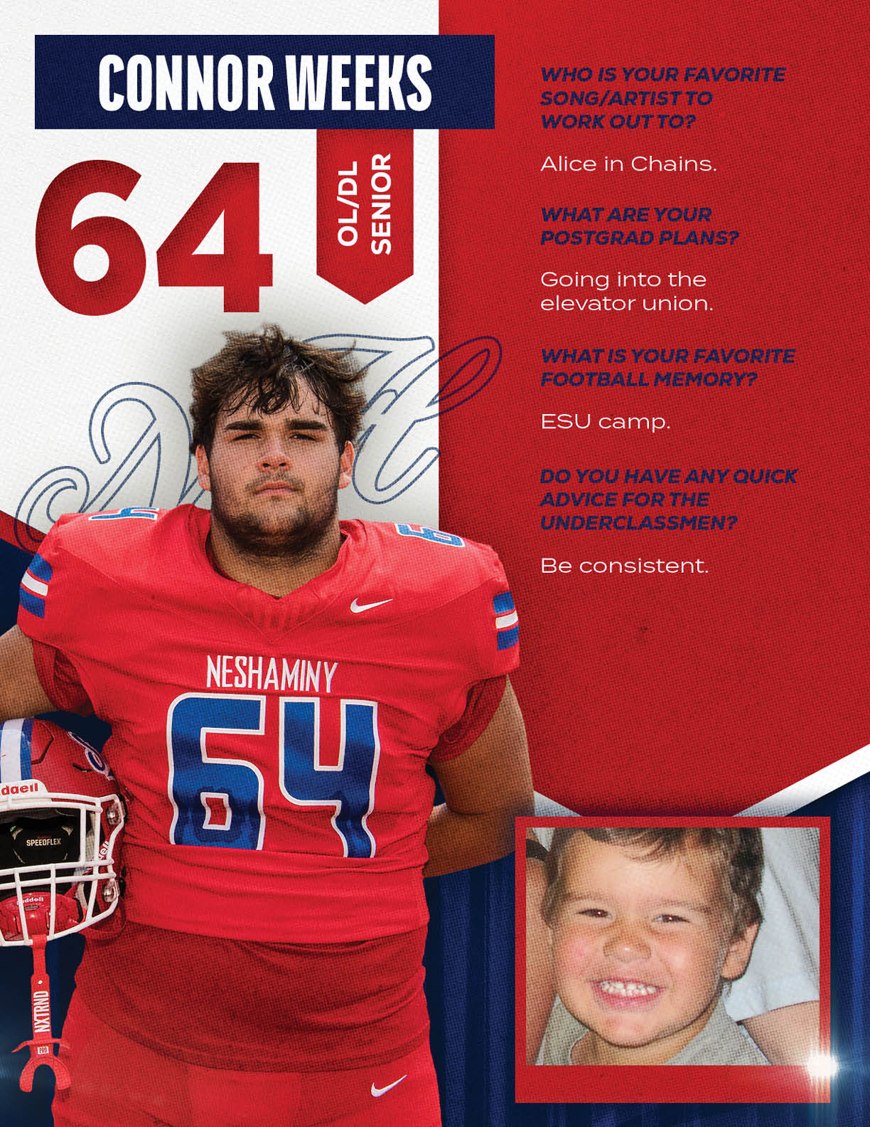 An adult wearing a red football uniform with the number 64 stands next to a helmet while a smaller inset shows a smiling child, accompanied by text about the person's favorite song, postgrad plans, football memory, and advice for underclassmen. Description generated by AI