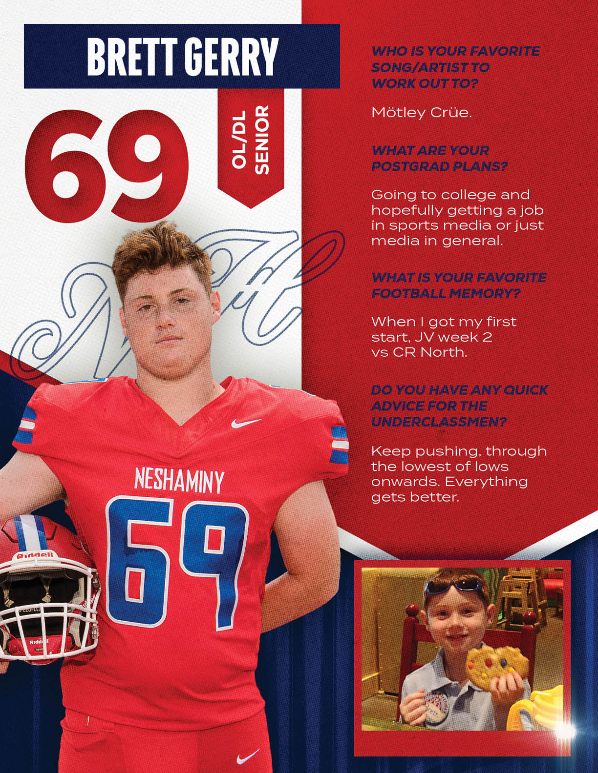 A person in a red football uniform with the number 69 stands next to a smaller photo of a child holding a cookie, accompanied by text about favorite songs, postgrad plans, football memories, and advice for underclassmen. Description generated by AI