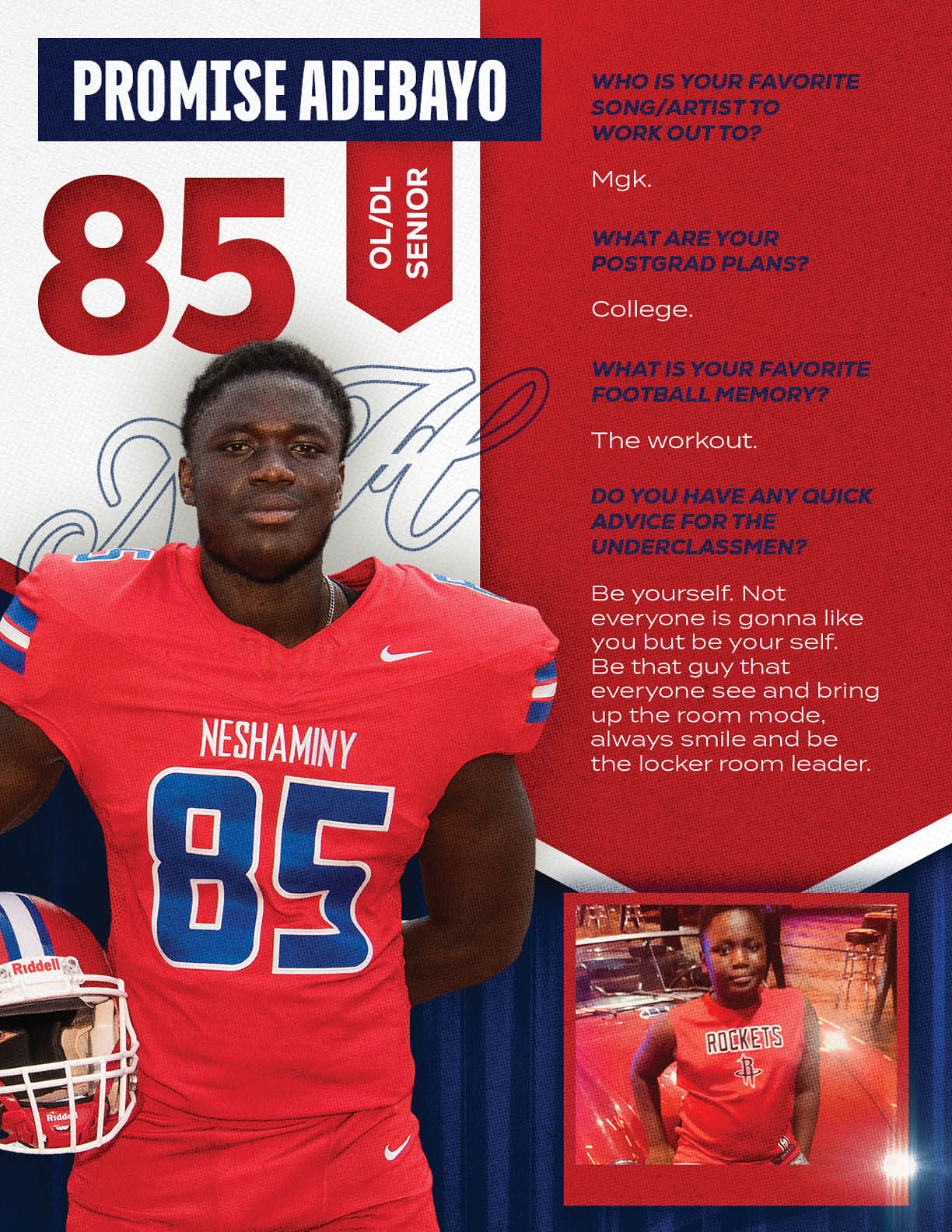 An adult wearing a red football uniform with the number 85 stands confidently next to a smaller inset photo of a child in a red sports jersey, accompanied by text about favorite music, postgrad plans, football memory, and advice for underclassmen. Description generated by AI