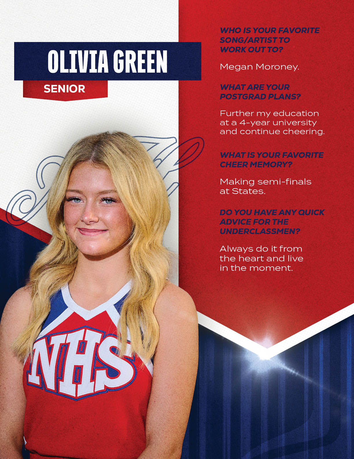 A person with long wavy hair wearing a red and white cheerleading uniform with NHS letters is smiling next to text about their favorite song, postgrad plans, cheer memory, and advice for underclassmen. Description generated by AI