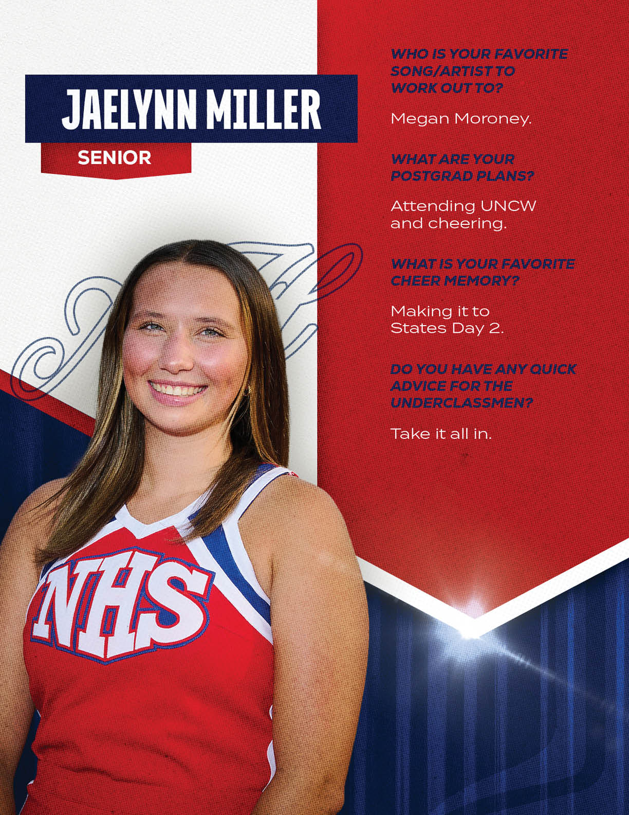 An adult wearing a red cheerleading uniform with NHS letters smiles in front of a red and blue background with text about favorite songs, postgrad plans, cheer memories, and advice for underclassmen. Description generated by AI