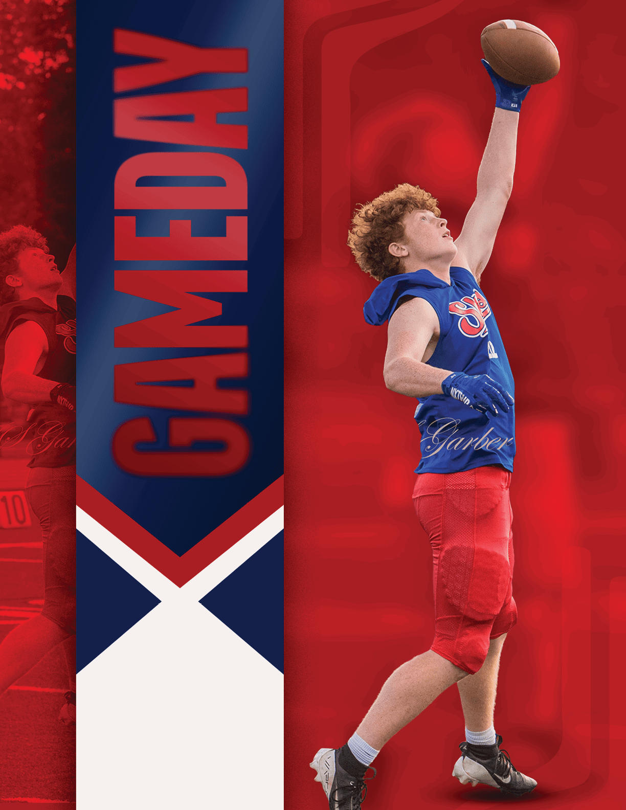 A person wearing a blue sleeveless shirt and red pants is jumping and reaching up with one hand to catch a football against a red and blue background with the word GAMEDAY. Description generated by AI