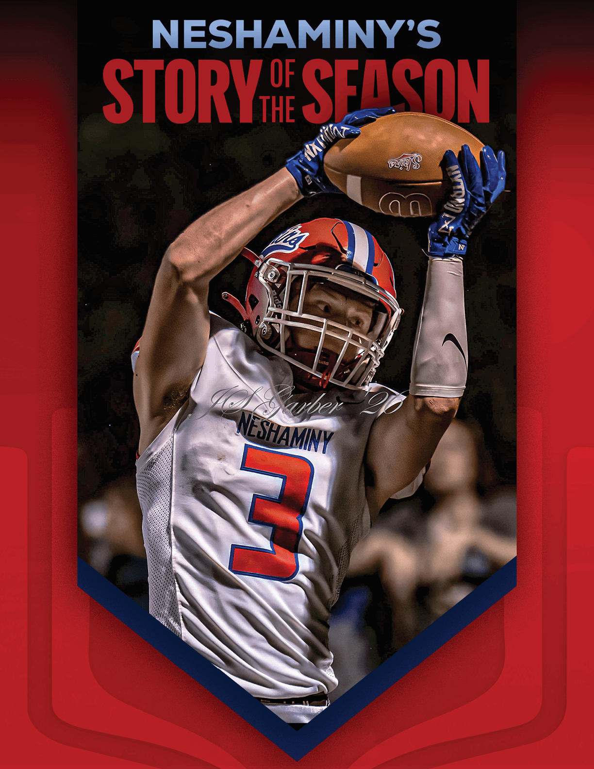 A person wearing a football uniform with the number 56 is running on a field with other players in the background and text above reading “Neshaminy's Story of the Season." Description generated by AI
