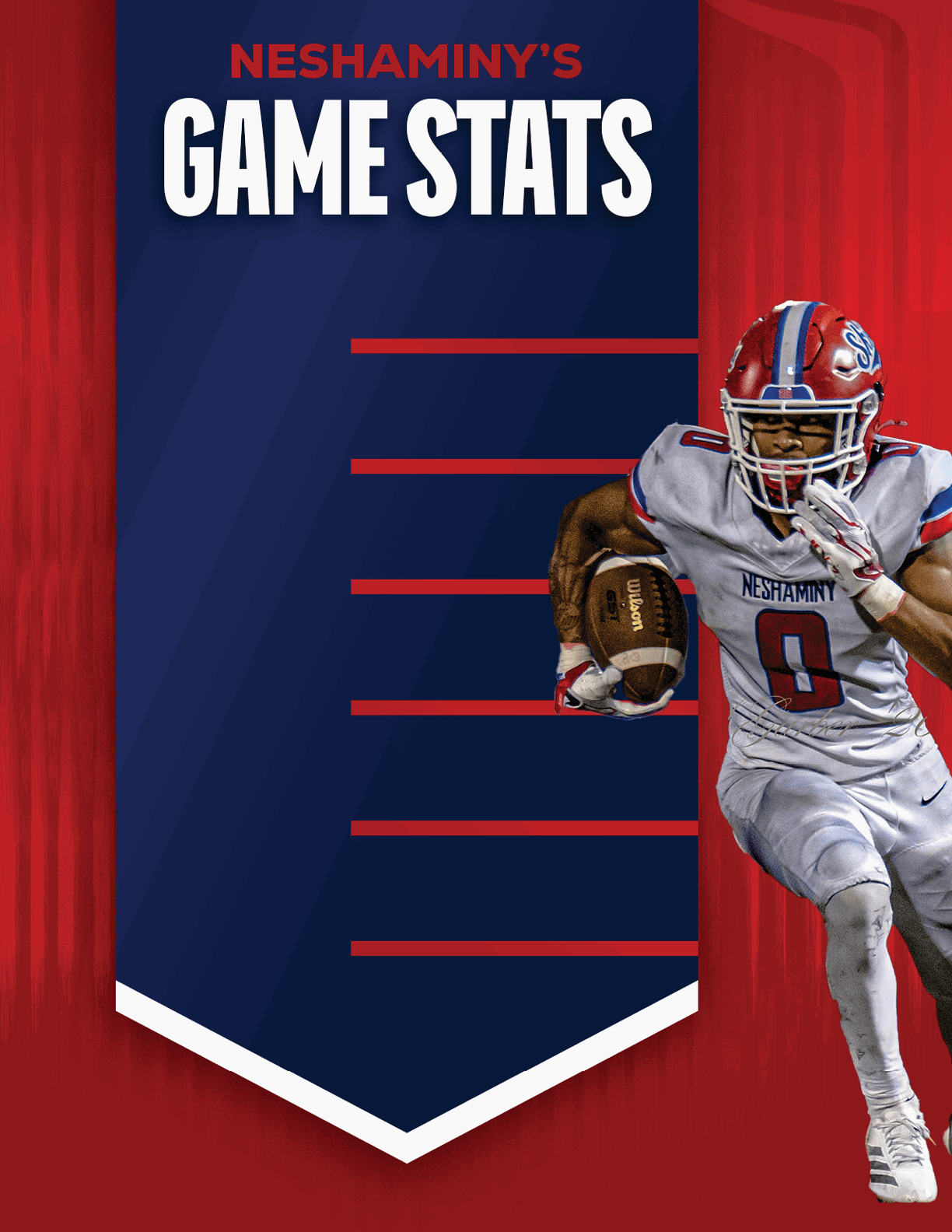 A person in a football uniform with a helmet is running while holding a football next to a blue banner titled NESHAMINY'S GAME STATS with red lines for statistics. Description generated by AI