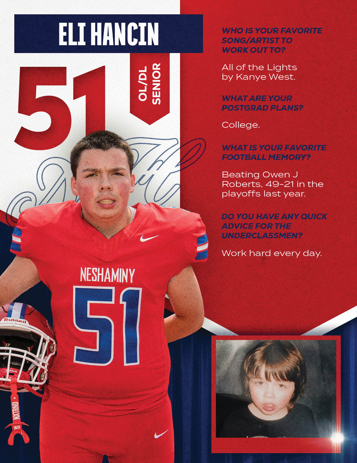 An adult wearing a red football uniform with the number 51 and holding a helmet stands next to a childhood photo and text about favorite music, postgraduate plans, football memory, and advice for underclassmen. Description generated by AI