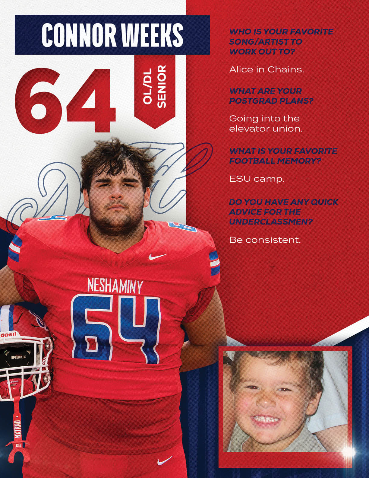 An adult wearing a red football uniform with the number 64 stands next to a helmet while a smaller inset shows a smiling child, accompanied by text about the person's favorite song, postgrad plans, football memory, and advice for underclassmen. Description generated by AI