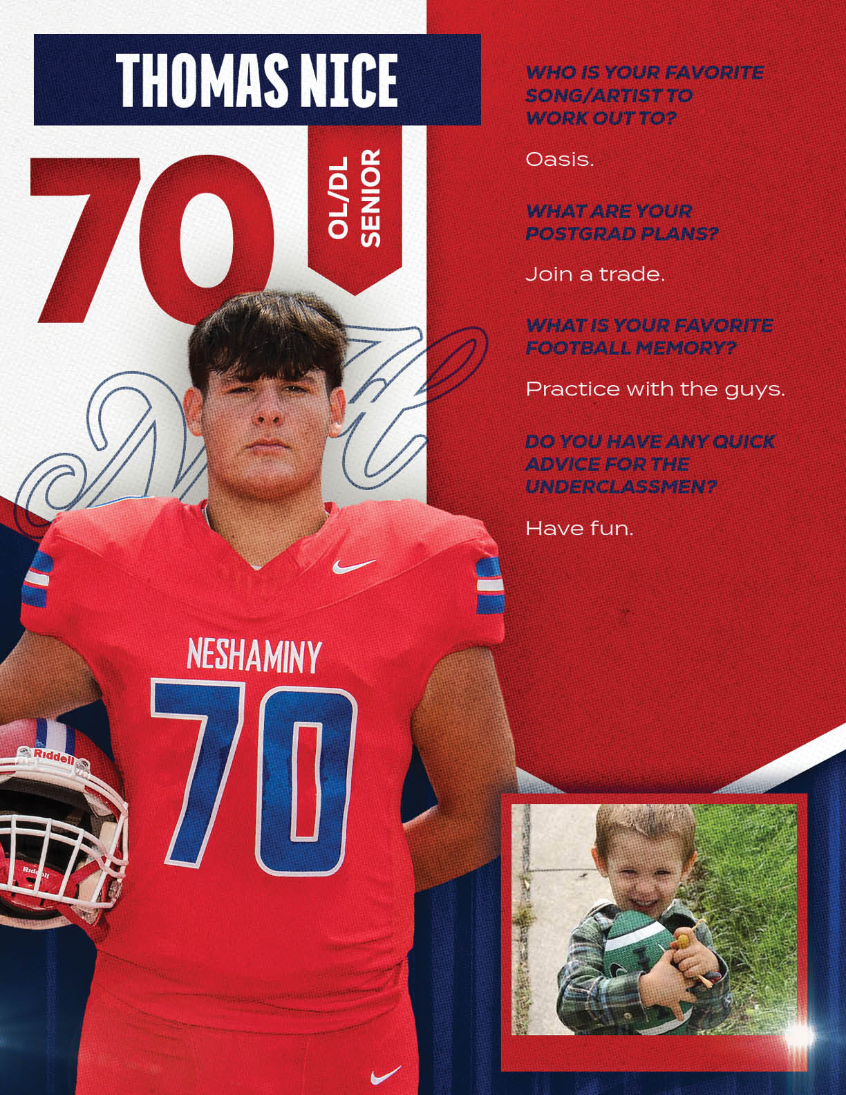 An adult wearing a red football jersey with the number 70 stands confidently next to a smaller photo of a child holding a football and a toy, accompanied by text with personal questions and answers about favorite music, postgrad plans, football memories, and advice for underclassmen. Description generated by AI