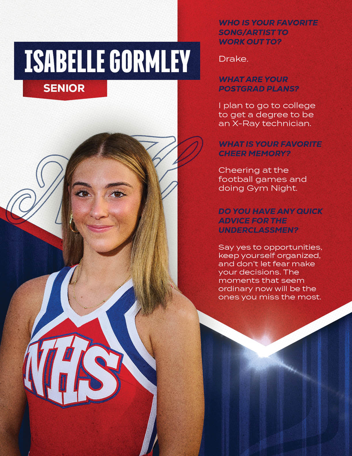 A person wearing a red and blue cheerleading uniform with NHS letters stands next to text about their favorite artist, postgrad plans, favorite cheer memory, and advice for underclassmen. Description generated by AI