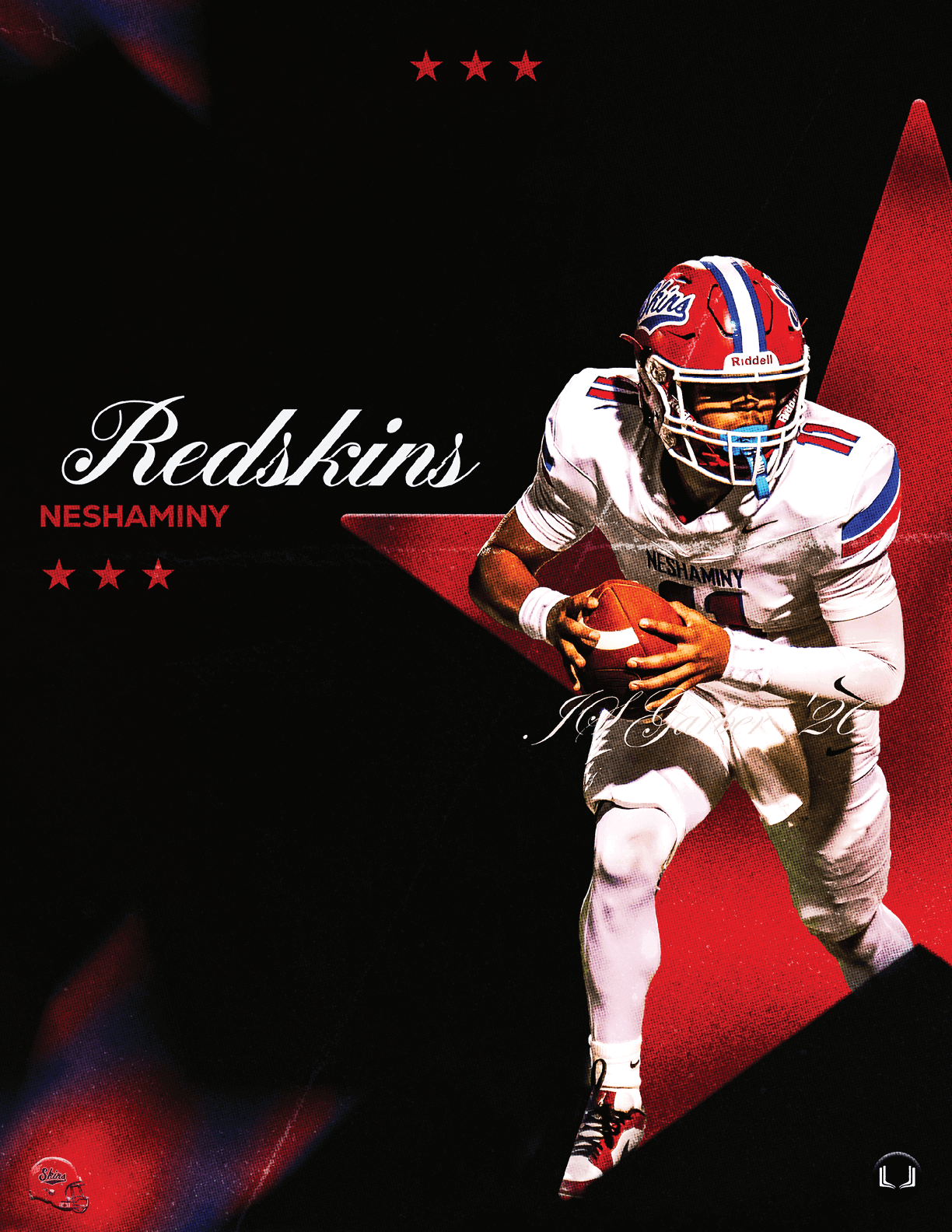 A football player wearing a blue and white uniform. Description generated by AI
