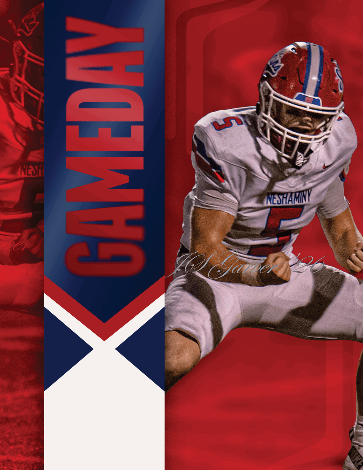 A person wearing a blue sleeveless shirt and red pants is jumping and reaching up with one hand to catch a football against a red and blue background with the word GAMEDAY. Description generated by AI