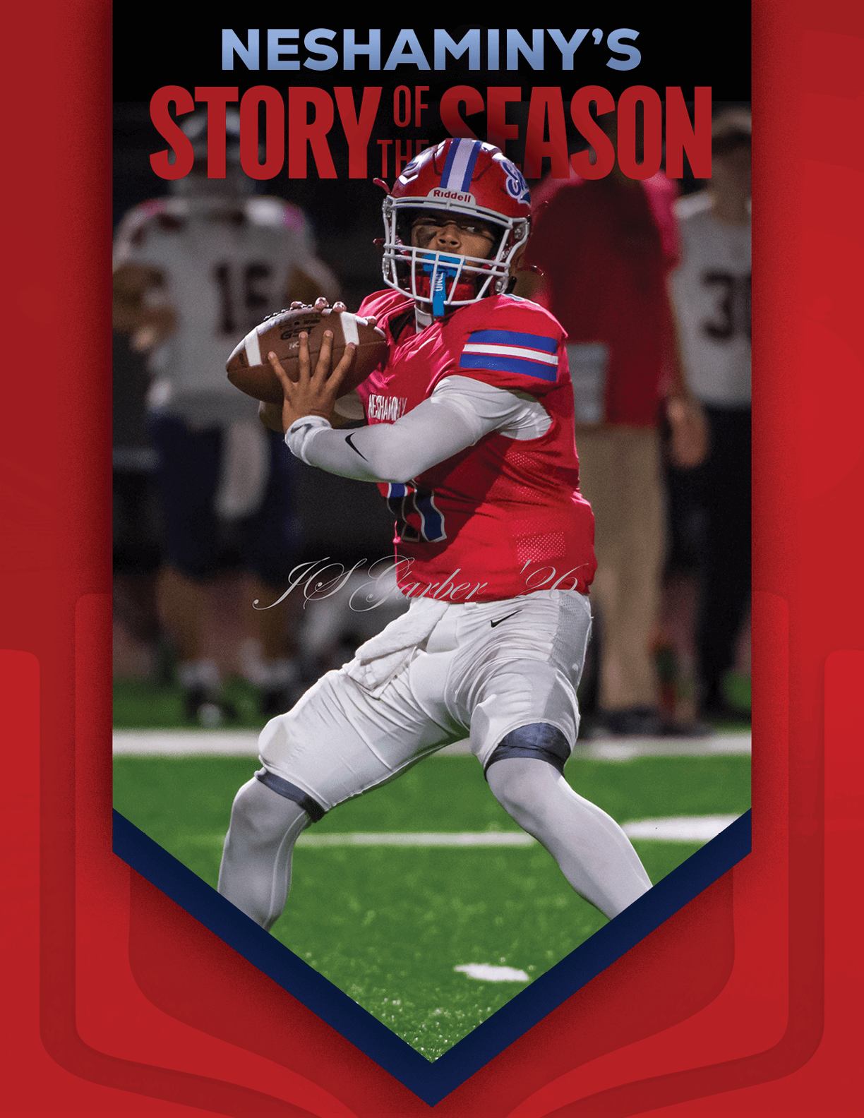 A person wearing a football uniform with the number 56 is running on a field with other players in the background and text above reading “Neshaminy's Story of the Season." Description generated by AI