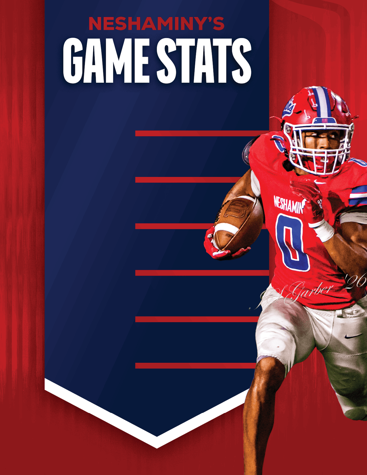 A person in a football uniform with a helmet is running while holding a football next to a blue banner titled NESHAMINY'S GAME STATS with red lines for statistics. Description generated by AI